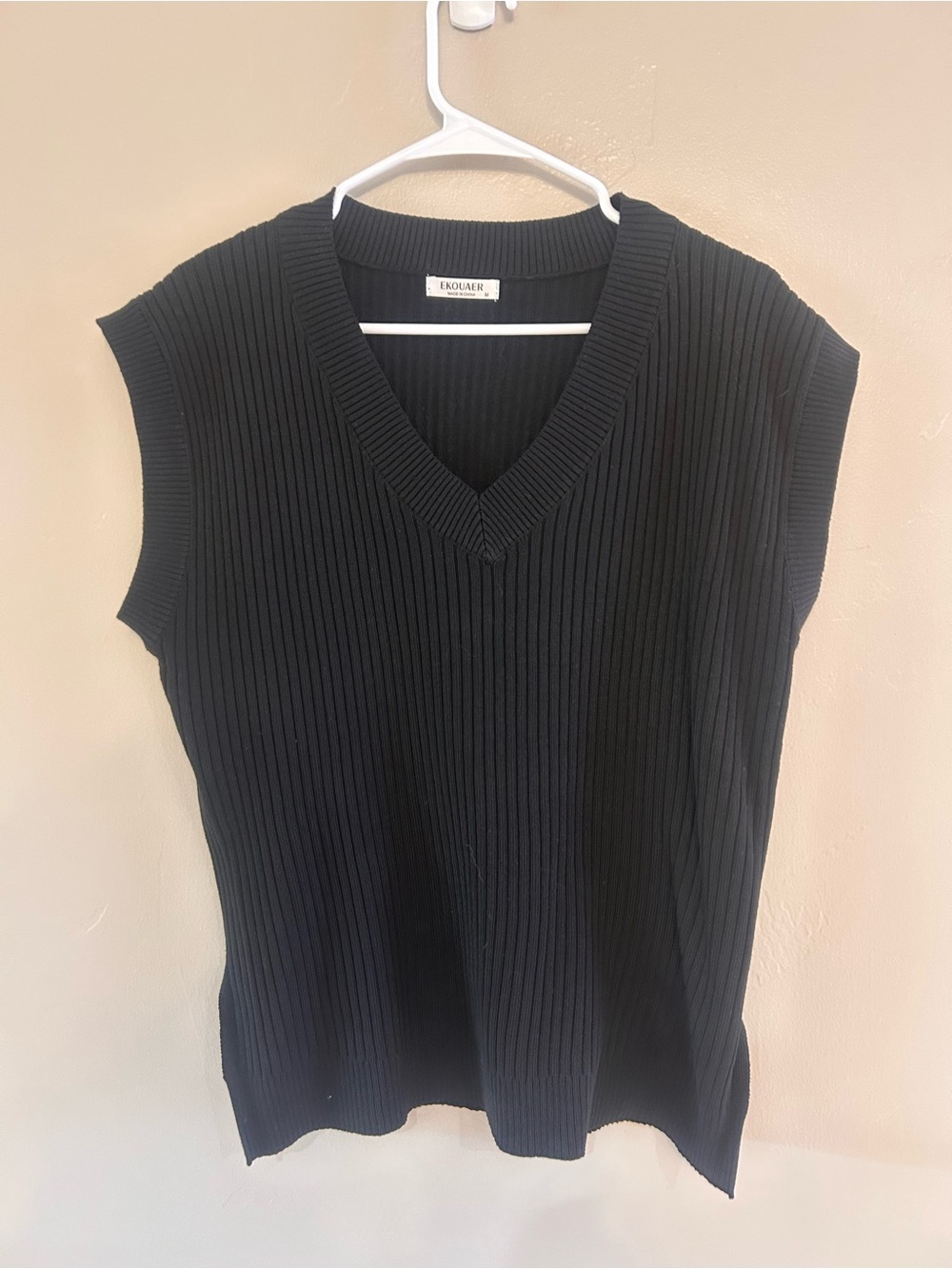 Ekouaer Ribbed V-Neck Sleeveless Sweater & Wide Leg Pant Set- Black